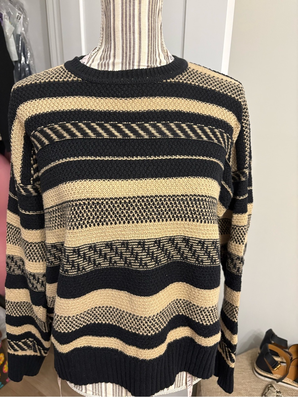 Womens Lauren ralph lauren Striped Knit Sweater Black and Beige sz S linen blend
